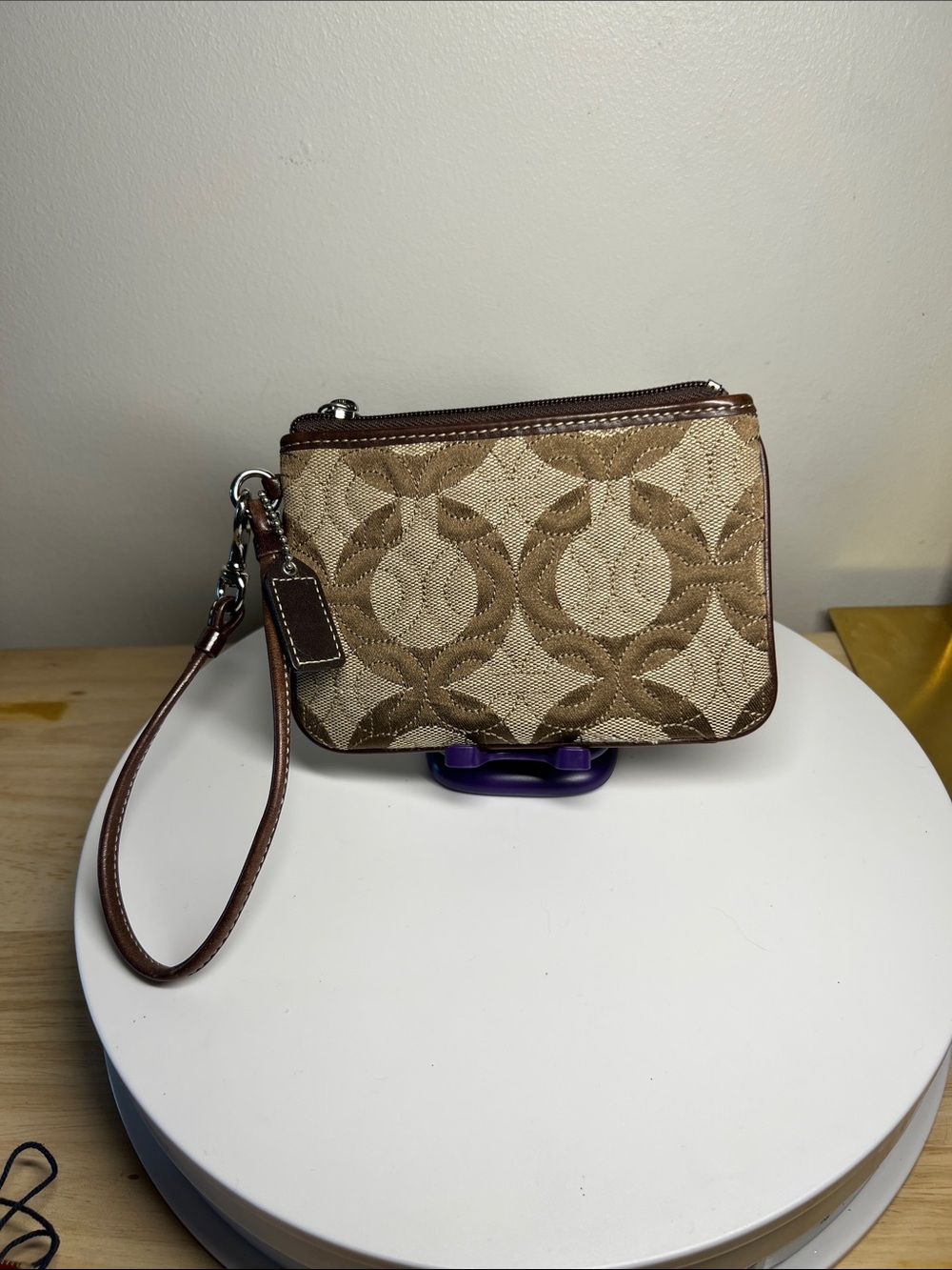 Coach Khaki & Brown Signature Wristlet with Detachable Strap like new